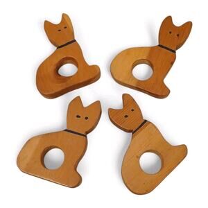 4 Set CAT Wooden Napkin Rings Handmade Cottagecore Feline Ecclectic Grannycore
